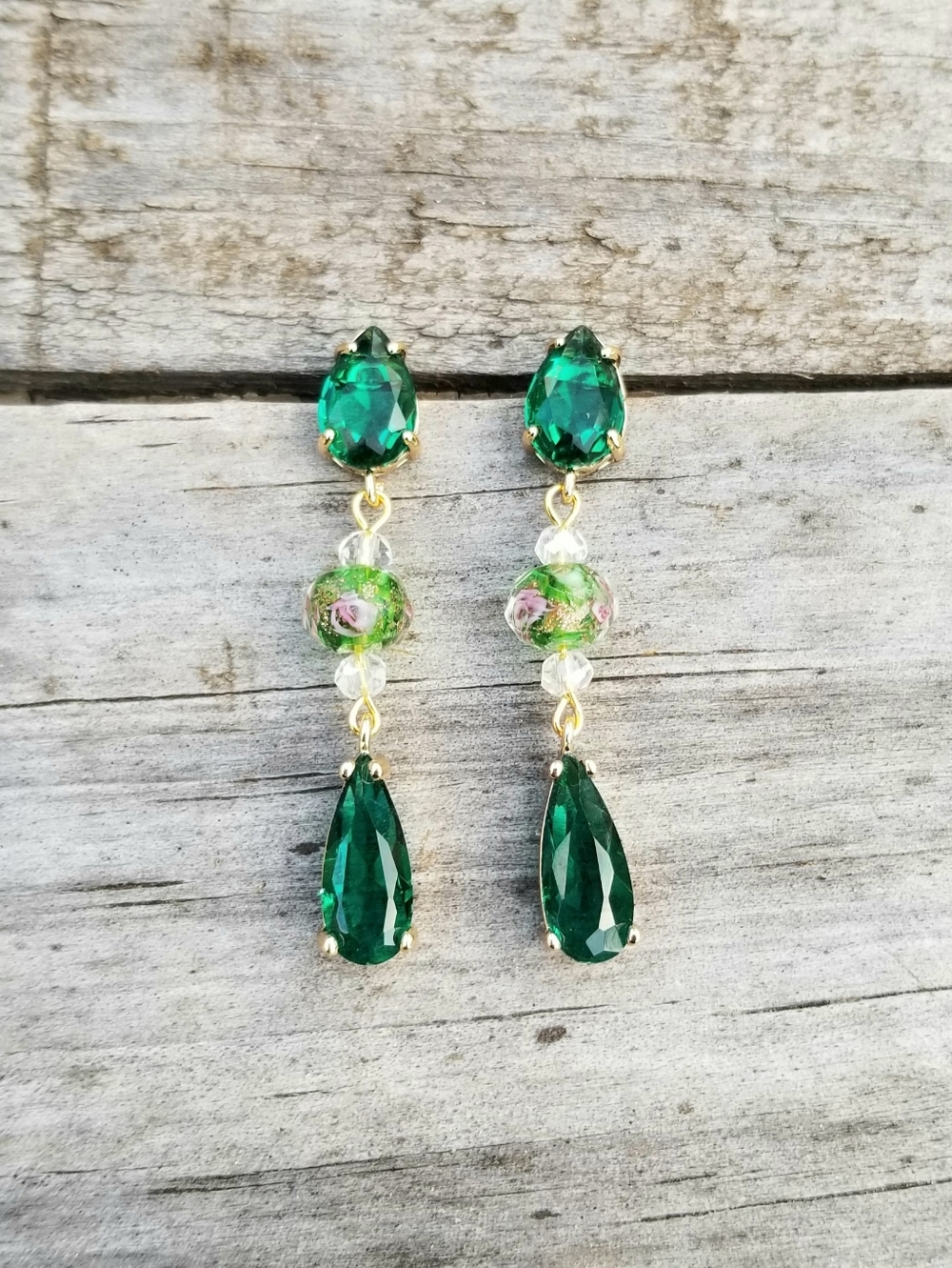 14k Gold Lampwork Glass Beaded Emerald Stud Dangle Earrings - Picture 7 of 7